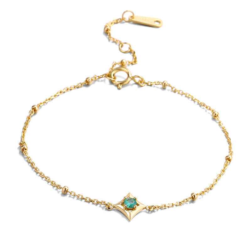 Sterling Silver Bead Chain Bracelet with Moissanite or Emerald Inlay