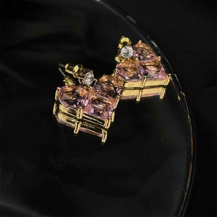 Pink Heart Geometric Earrings - Modern Women's Jewelry in 18K Gold-Plated Copper with Zircon Accents