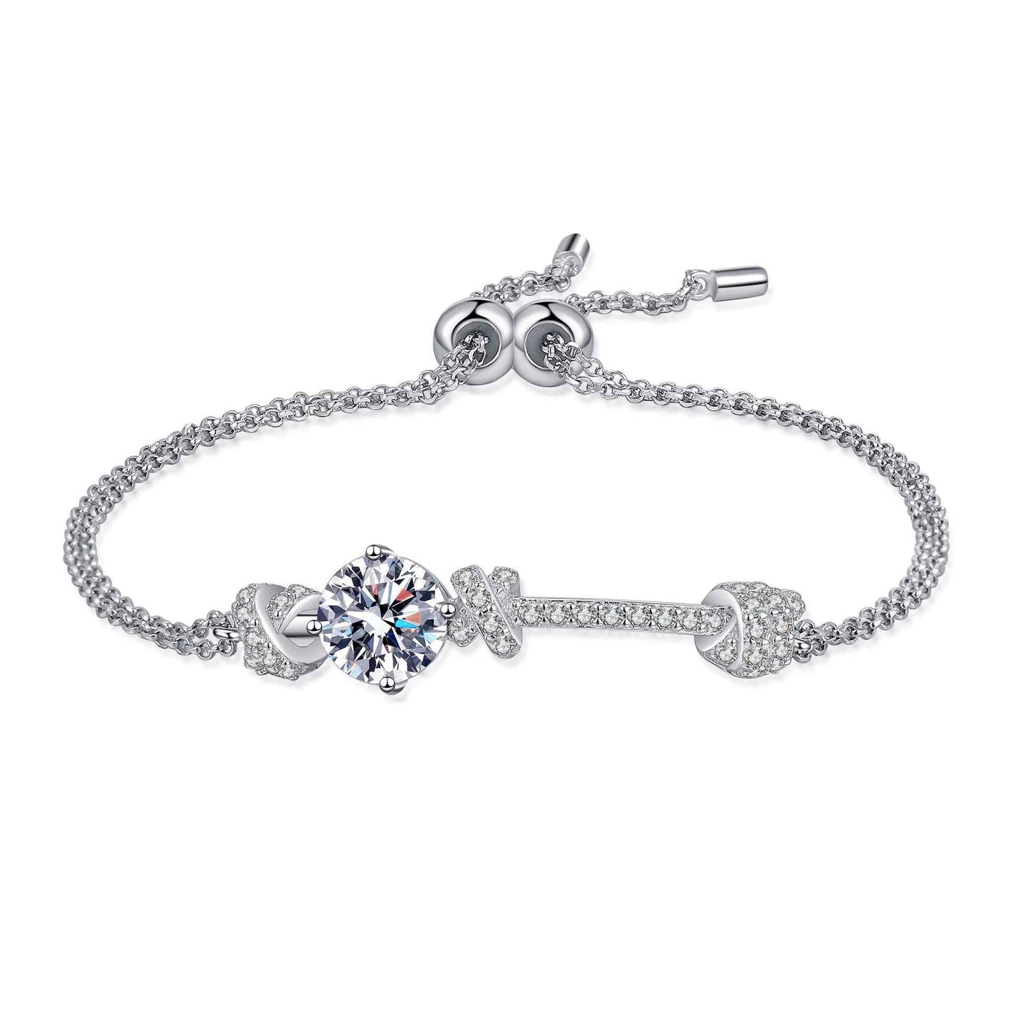 Sterling Silver Double Chain Bracelet with Moissanite or Zircon Stone Options