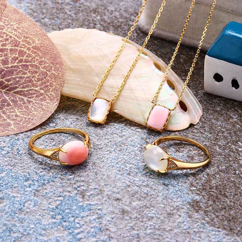 Lace Shell Pendant Necklace in Silver with Queen or White Shell and Gemstone Inlay - Adjustable Chain