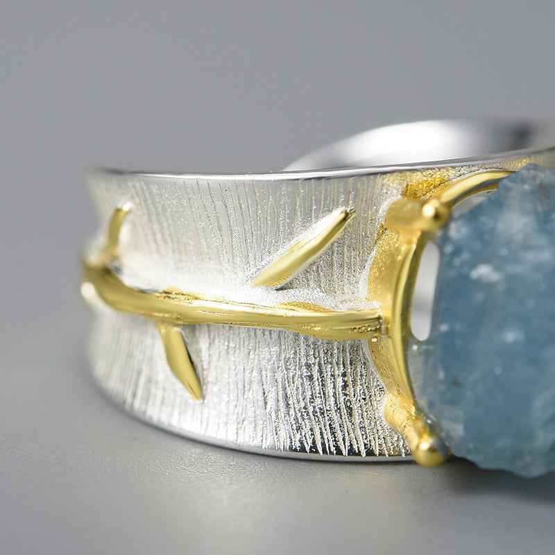 Long Leaf Aquamarine Ring - S925 Sterling Silver Floral Chinese Style Wide Band | Women's Nature-Inspired Jewelry