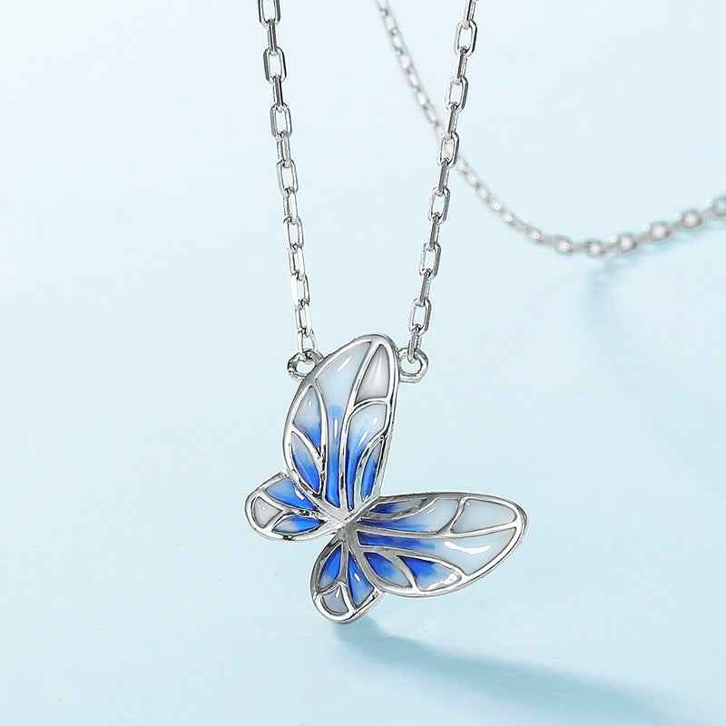 Enamel Butterfly Necklace in Platinum-Plated 925 Sterling Silver – Colorful Drip Finish for Office Lady Style