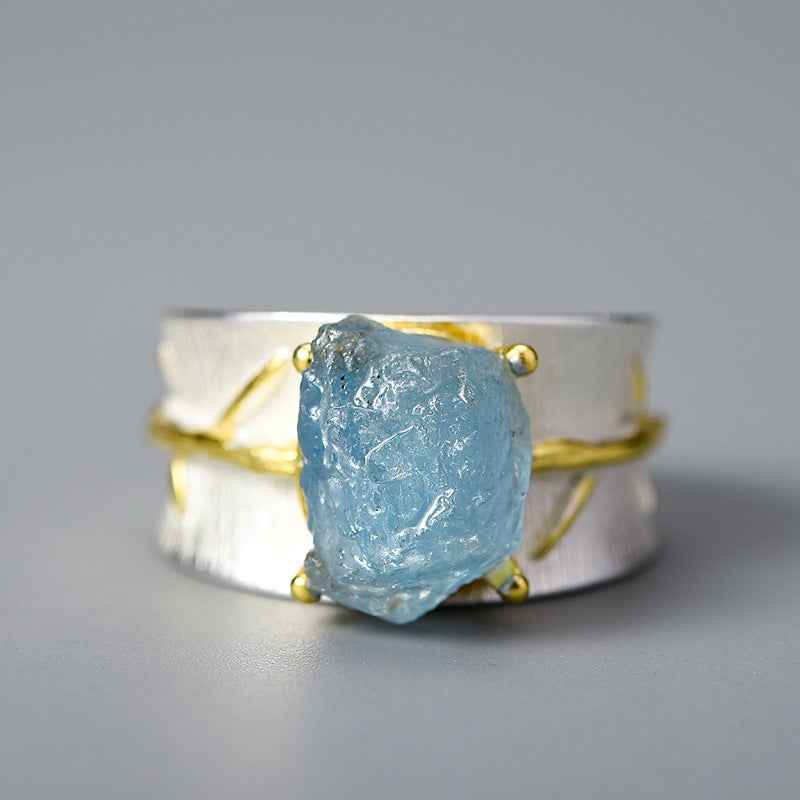 Long Leaf Aquamarine Ring - S925 Sterling Silver Floral Chinese Style Wide Band | Women's Nature-Inspired Jewelry