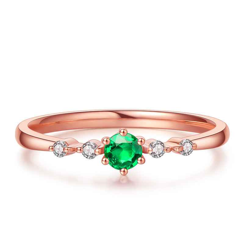 Rose Gold-Plated Geometric Ring with Sterling Silver Simulated Emerald Inlay - Sizes 6-10