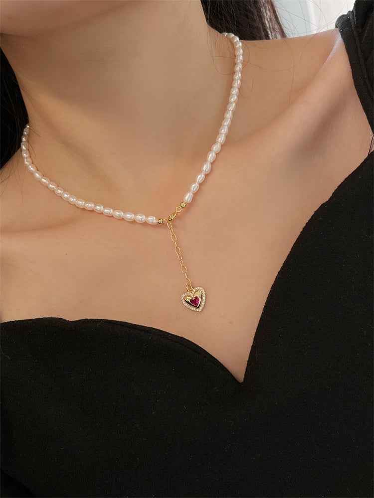 Mother-of-Pearl Pendant Necklace - Gold-Plated Hearts & Drops Motif with Adjustable Chain