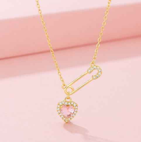 Pink Heart Safety Pin Necklace - Trendy and Chic Accessory