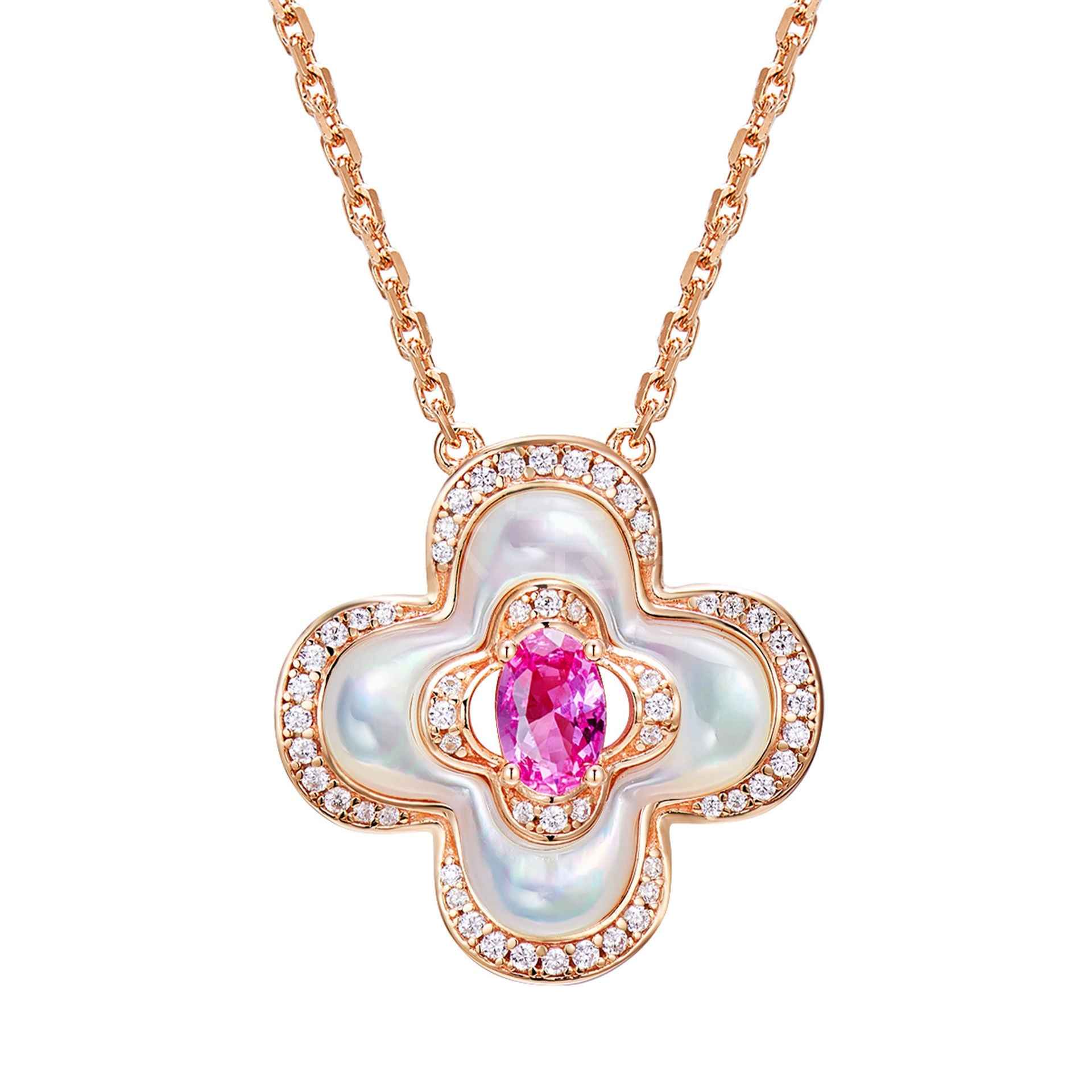 Clover Corundum Pendant Necklace in Rose Gold or White Gold Plated 925 Silver – Geometric Niche Design