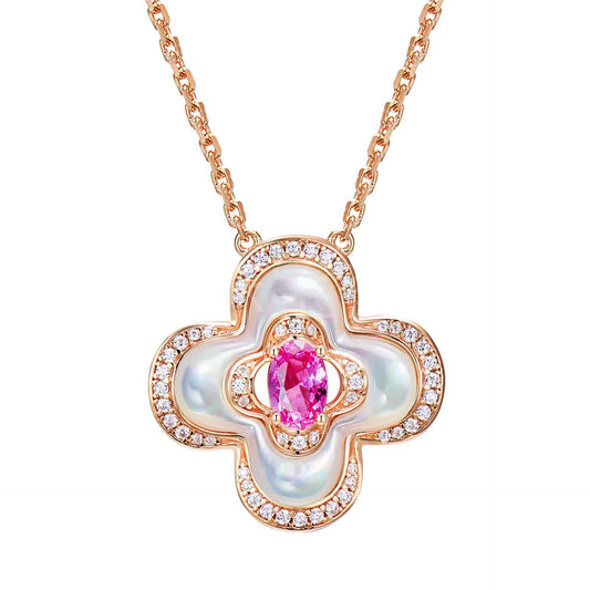 Clover Corundum Pendant Necklace in Rose Gold or White Gold Plated 925 Silver – Geometric Niche Design