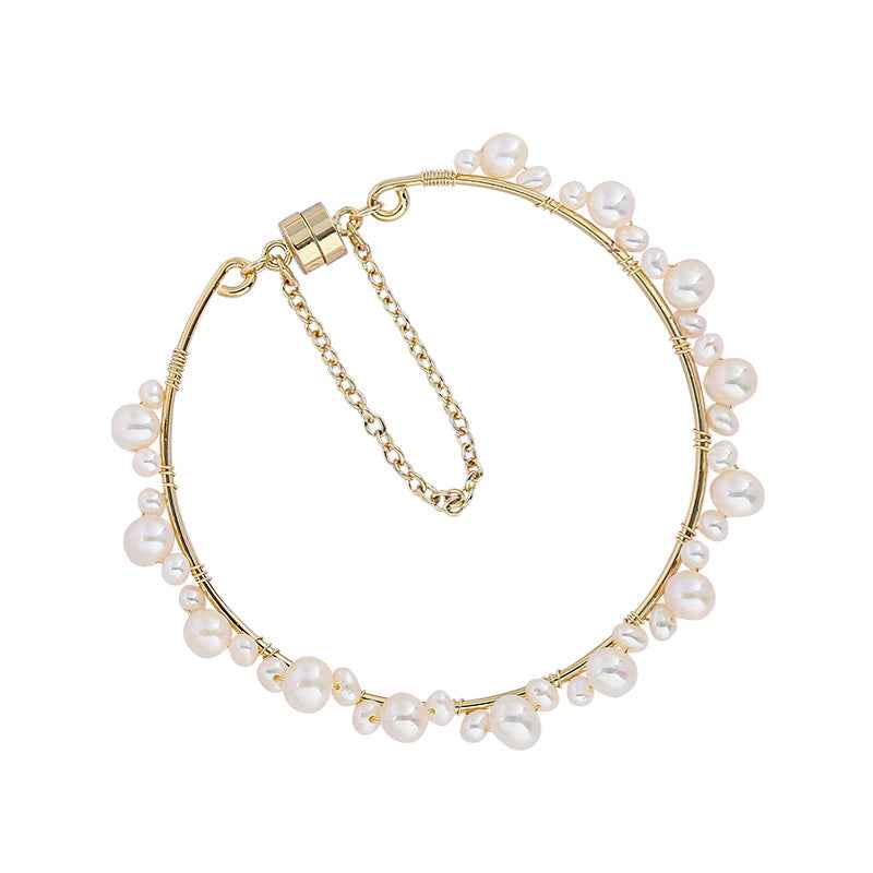 Woven Freshwater Pearl Bracelet - Original Design with Mother Pearl Shell Accent