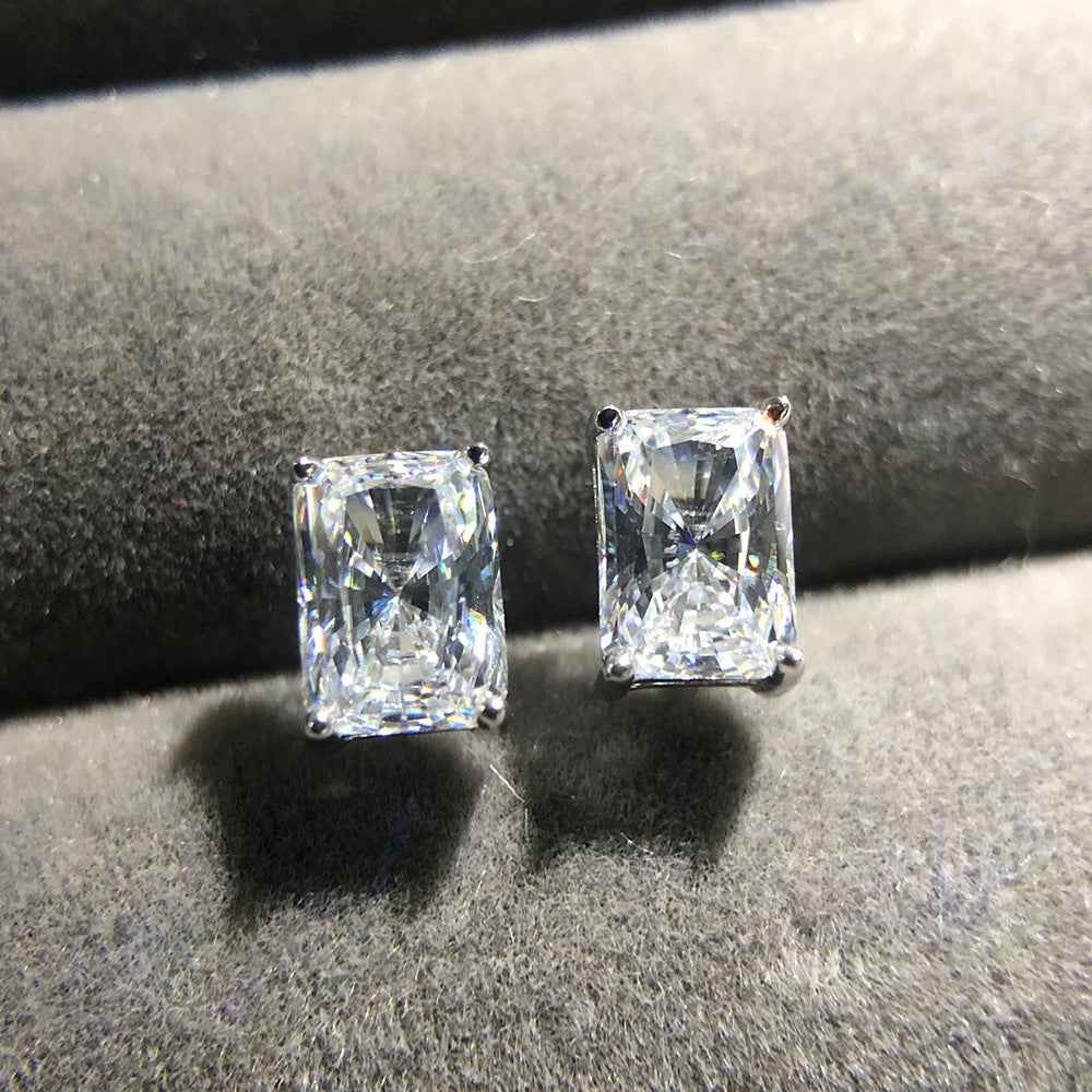 Rectangular Zircon Stud Earrings in 925 Sterling Silver - Minimalist Unisex Design with Four-Prong Setting