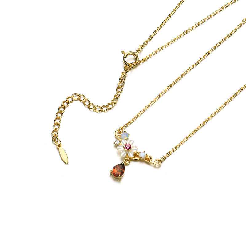 Moissanite Water Drop Necklace – Silver Floral Tassel Design with Natural Shell