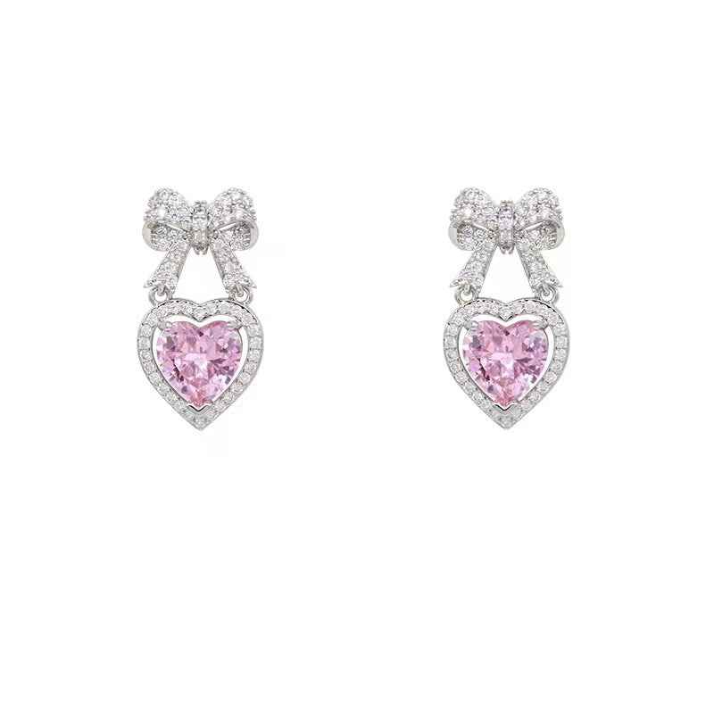 Romantic Heart Drop Earrings with Pave Bow Design