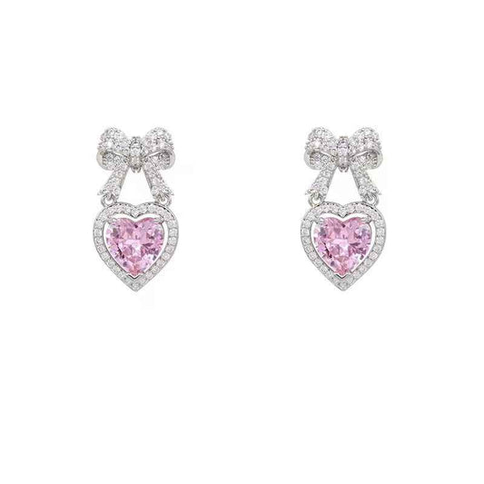 Romantic Heart Drop Earrings with Pave Bow Design
