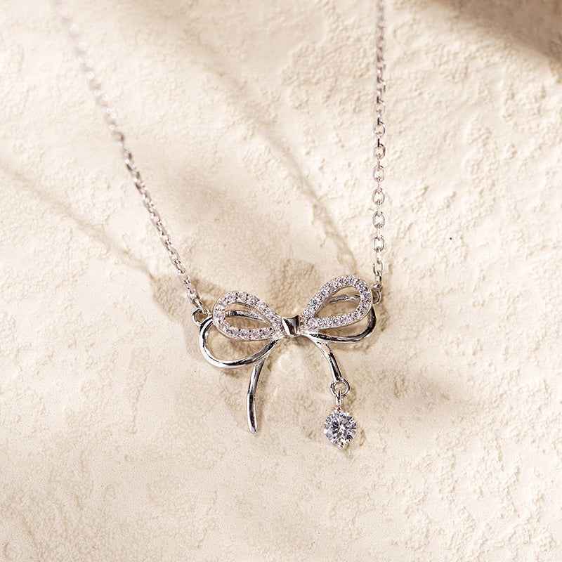 Sterling Silver Bow Necklace with Pave Design