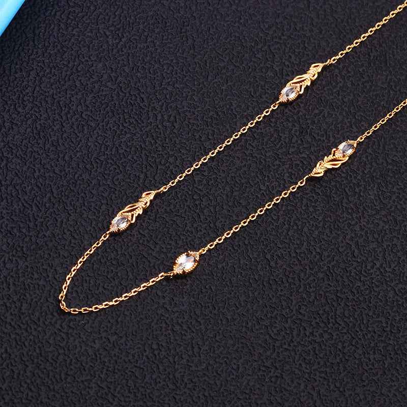 Marquise White Topaz Collar Necklace with Leaf Motif in Silver - Japan/Korea Style