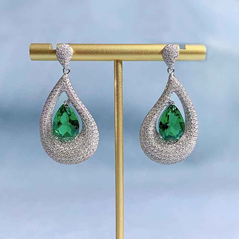Emerald Green Diamond Accent Stud Earrings in Asymmetric Artistic Design - 925 Sterling Silver
