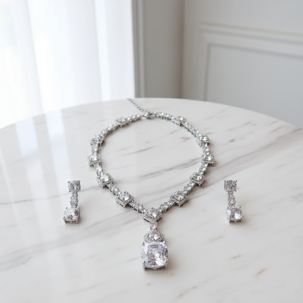 Bridal Necklace & Earrings Set – Sparkling Zircon Stones, Elegant Wedding Jewelry - Eterna