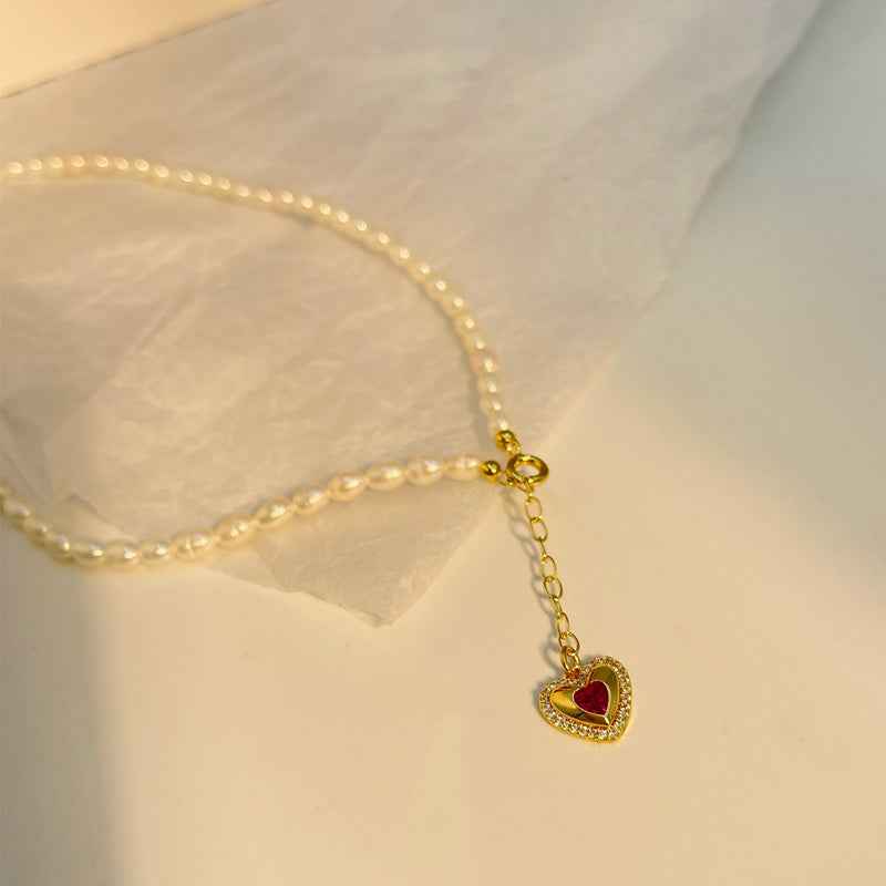 Mother-of-Pearl Pendant Necklace - Gold-Plated Hearts & Drops Motif with Adjustable Chain