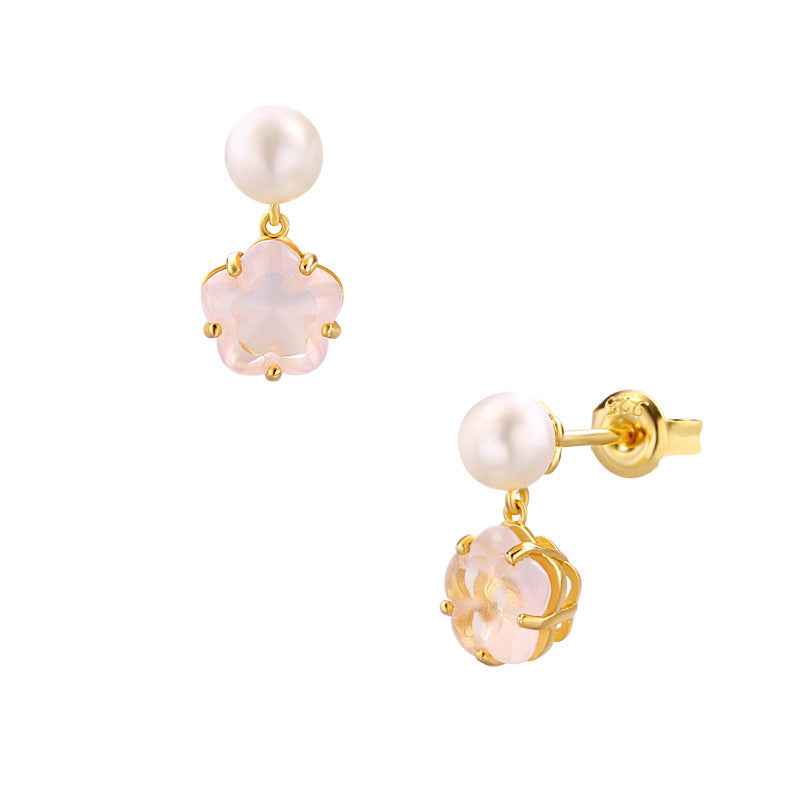 Cherry Blossom Drop Earrings - Hypoallergenic Silver with Natural Crystal & Pearl Accents in Feminine Floral Design
