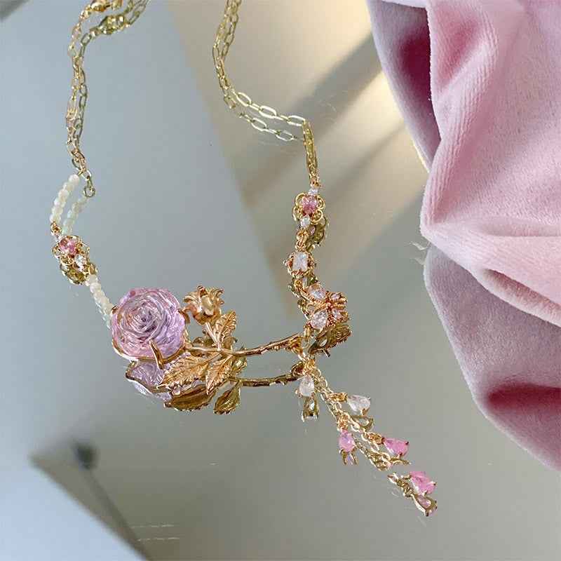 Vintage Heart Rose Necklace – Gold-Plated Copper with Mother of Pearl, Romantic Classic