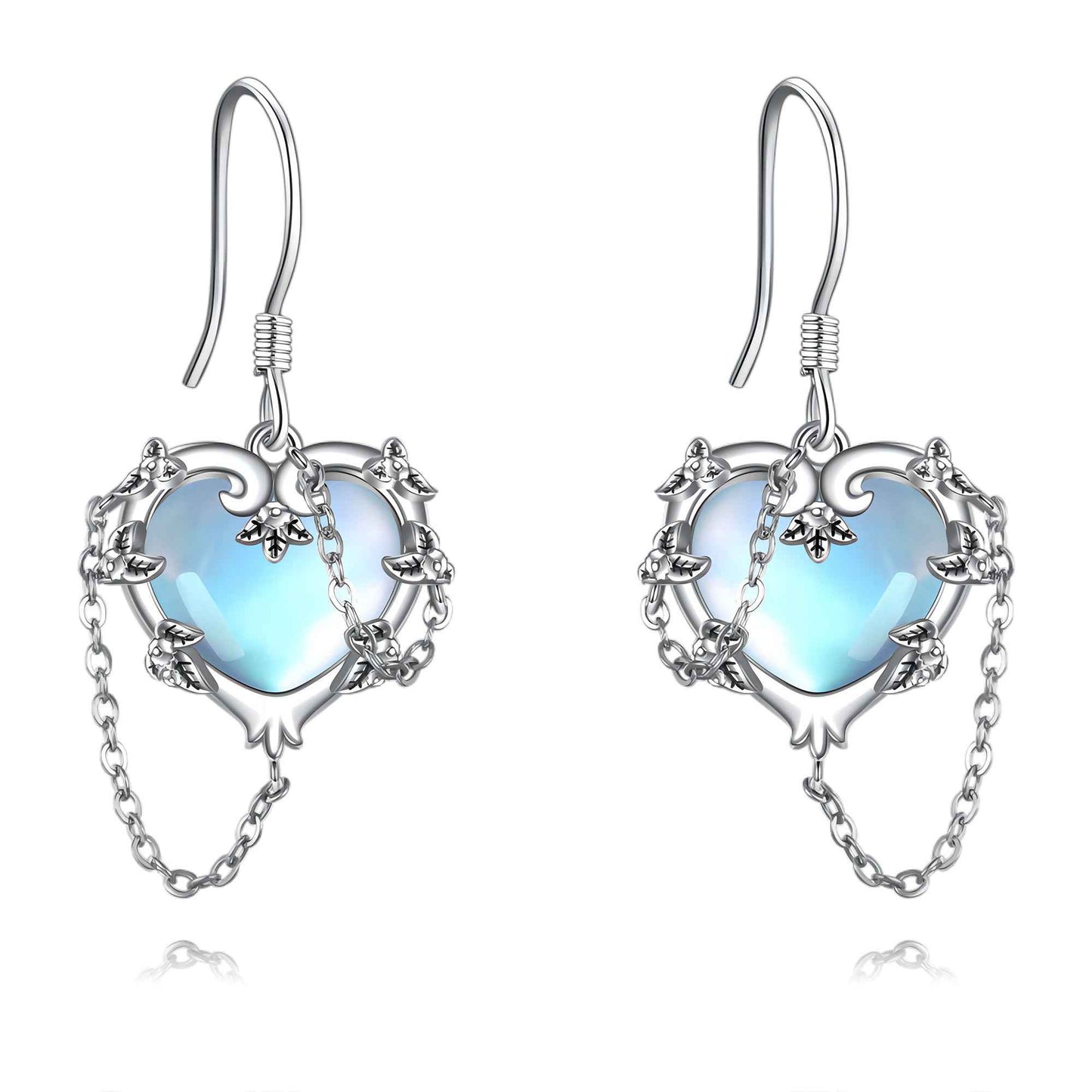 Witches Heart Moonstone Earrings - 925 Sterling Silver White Gold Plated Gothic Jewelry for Women