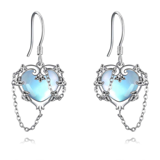 Witches Heart Moonstone Earrings - 925 Sterling Silver White Gold Plated Gothic Jewelry for Women
