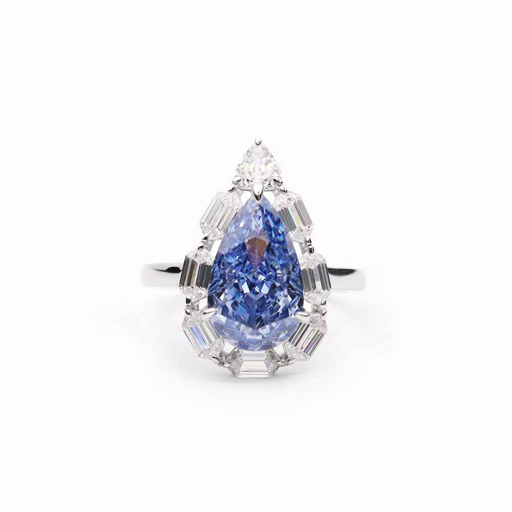 Blue Diamond Water Drop Ring - Ice Flower Cut Synthetic Gemstone & 925 Silver Women's Geometric Statement Jewelry