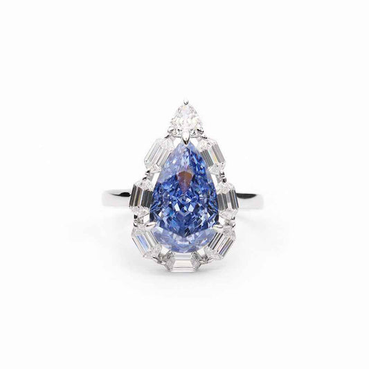 Blue Diamond Water Drop Ring - Ice Flower Cut Synthetic Gemstone & 925 Silver Women's Geometric Statement Jewelry