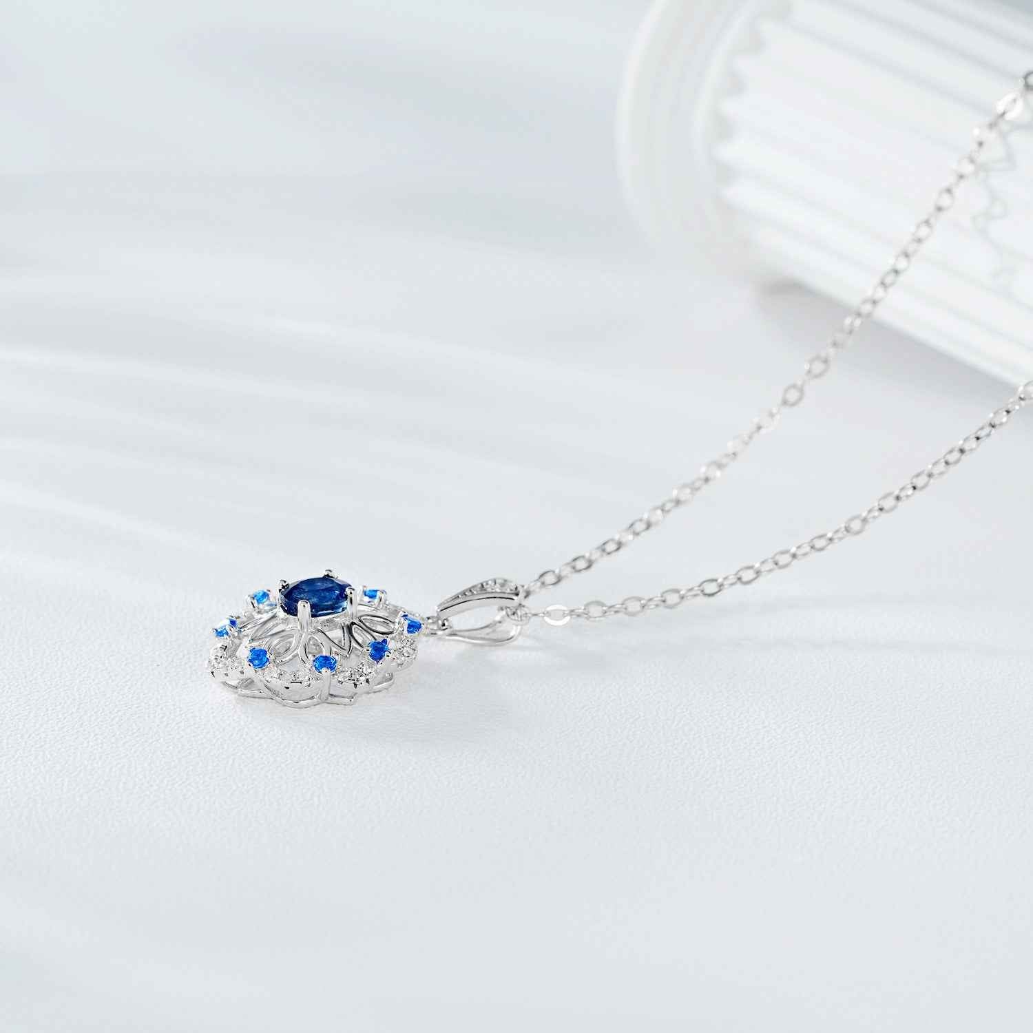 Natural Sapphire Flower Pendant Necklace | S925 Sterling Silver Vintage Retro Design with Adjustable Chain