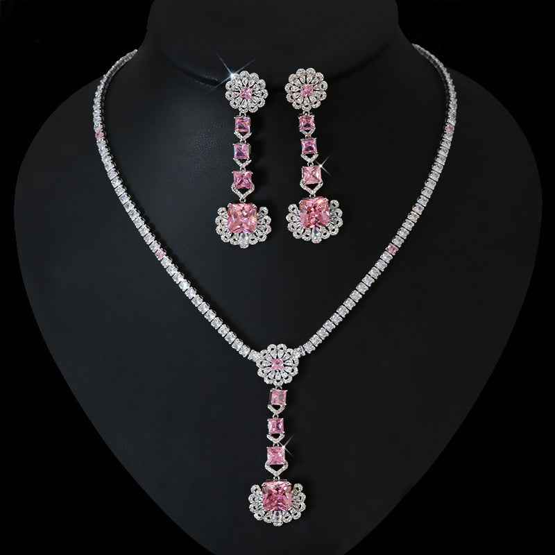 Luxury Zircon Flower Jewelry Set – Pendant Necklace & Earrings, Four Colors, Elegant Gift Set
