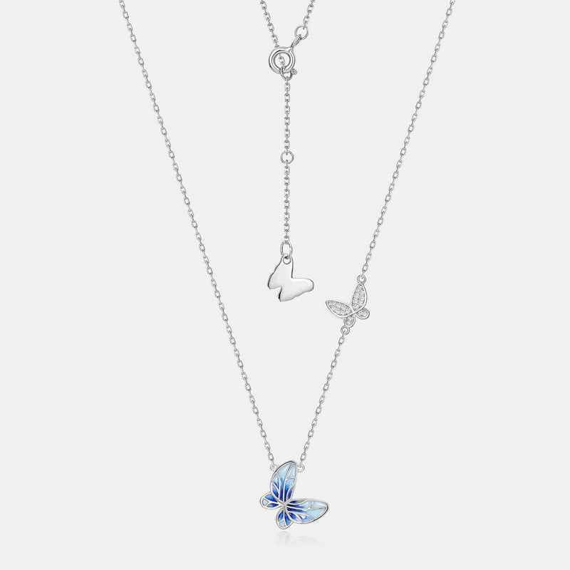 Enamel Butterfly Necklace in Platinum-Plated 925 Sterling Silver – Colorful Drip Finish for Office Lady Style