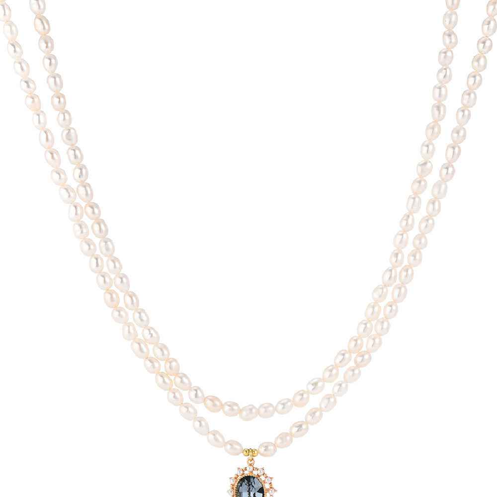 Vintage Pearl Necklace - Double-Layer Natural Pearls with Alloy Gem Drop in European Style
