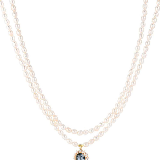 Vintage Pearl Necklace - Double-Layer Natural Pearls with Alloy Gem Drop in European Style