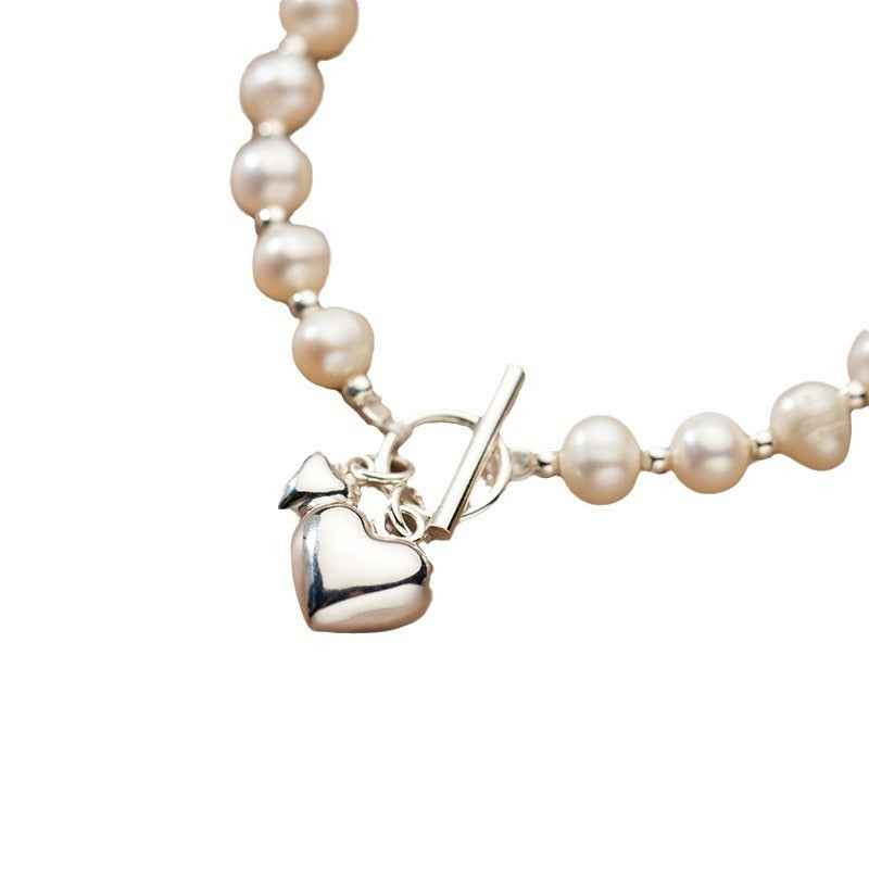 S925 Sterling Silver Love Pearl Bracelet – Elegant Heart Design for Feminine Charm