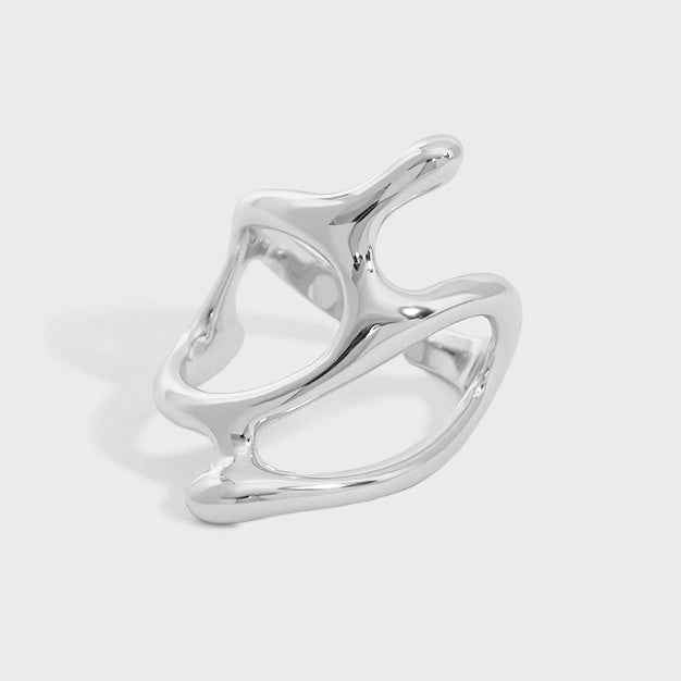 Cold Wind Hollow Textured Sterling Silver Adjustable Ring – S925 Minimalist Geometric Band for Women's Edgy Modern Jewelry