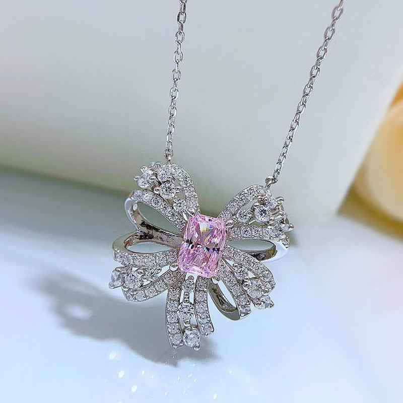 Luxury Pink Butterfly Necklace – 925 Sterling Silver Pendant with Curb Chain and Crystal Accents