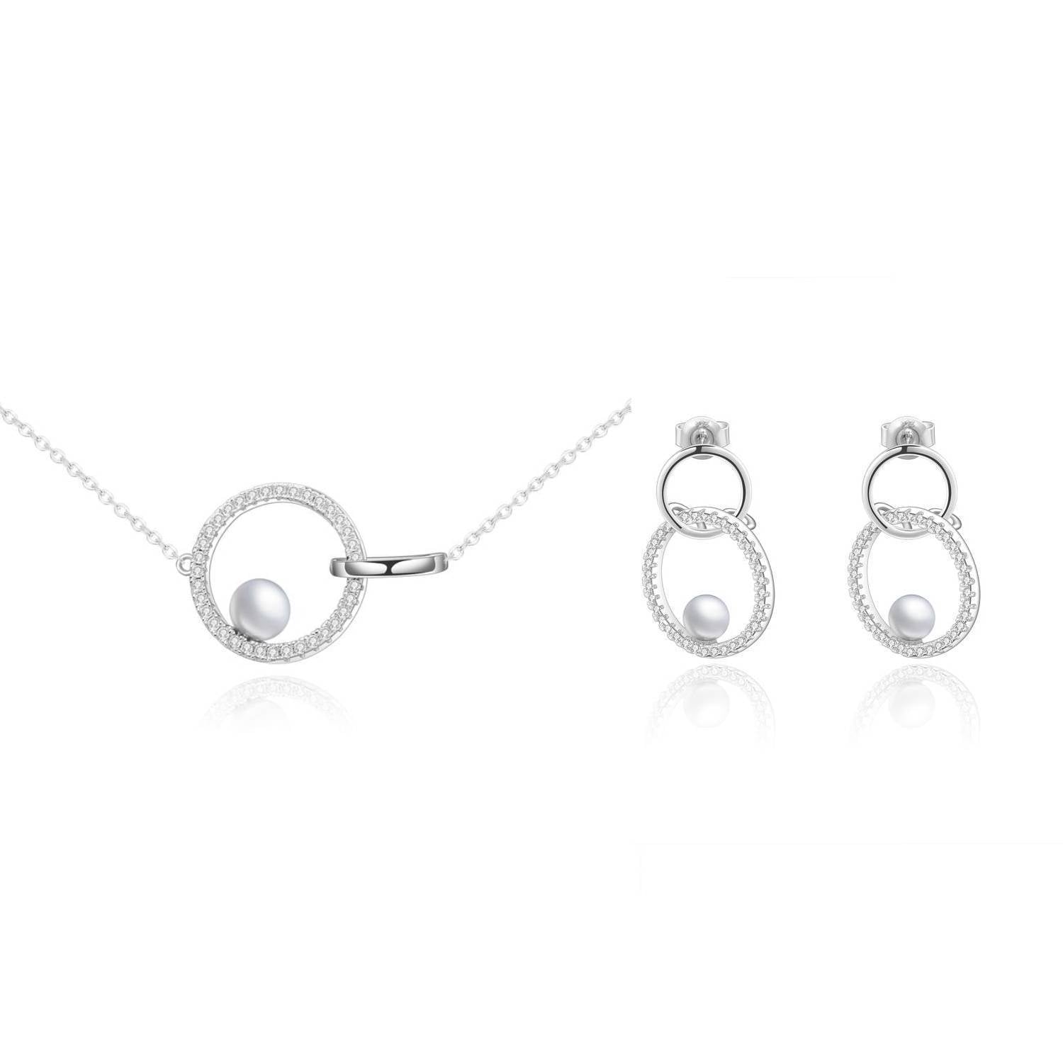 Natural Freshwater Pearl Jewelry Set – 925 Sterling Silver Necklace & Earrings (White Pearl, Cross Chain Design) - Eterna