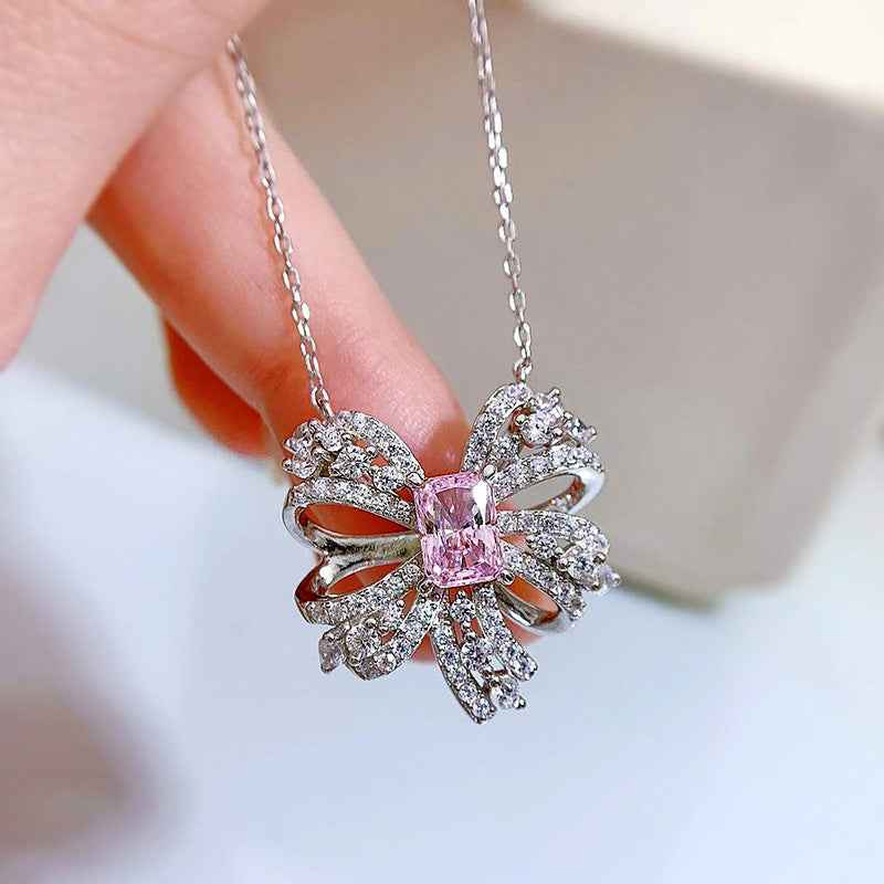 Luxury Pink Butterfly Necklace – 925 Sterling Silver Pendant with Curb Chain and Crystal Accents