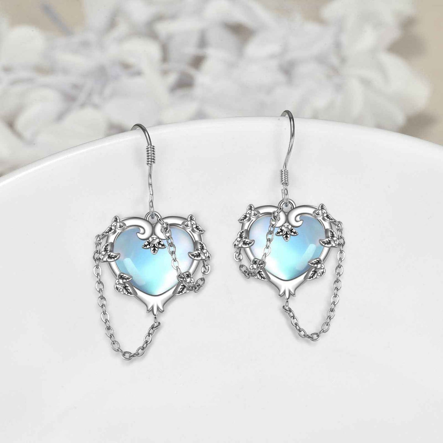 Witches Heart Moonstone Earrings - 925 Sterling Silver White Gold Plated Gothic Jewelry for Women