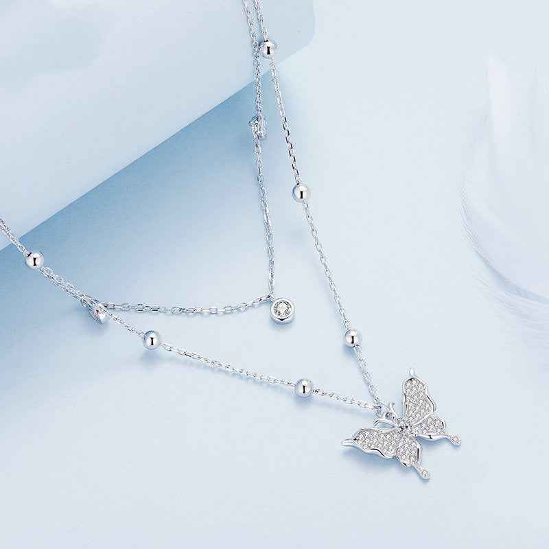 Double-Layer Butterfly Fringe Necklace - Light Luxury Layered Design in Silver