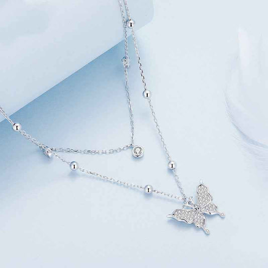 Double-Layer Butterfly Fringe Necklace - Light Luxury Layered Design in Silver
