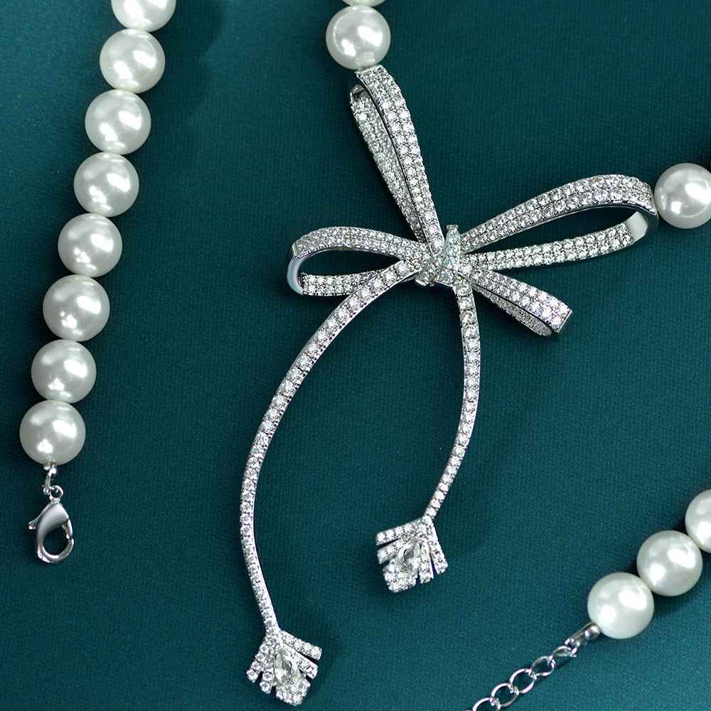 Luxury Bow Pendant Necklace - Adjustable Platinum-Plated Copper with White Finish