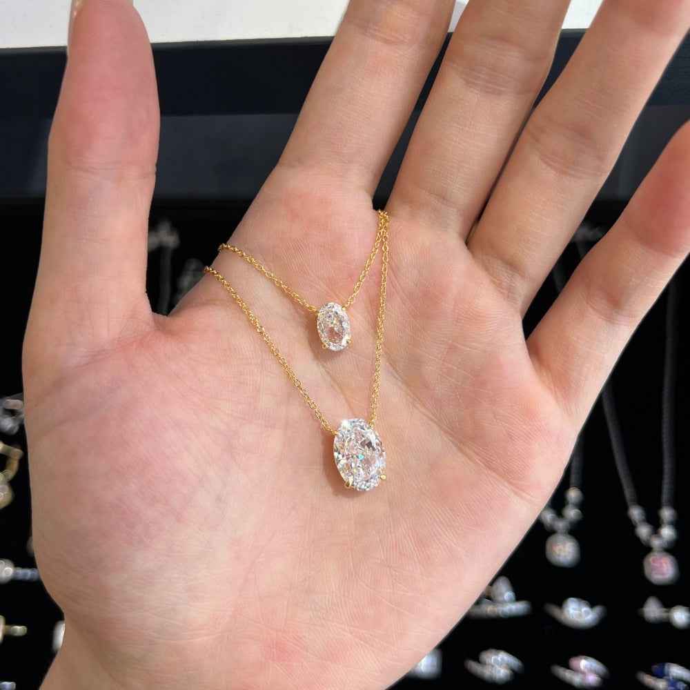 Oval Ice Flower Necklace - S925 Sterling Silver with Gold or Platinum Plating, Available in Two Pendant Sizes