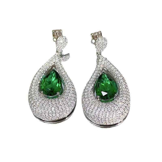 Emerald Green Diamond Accent Stud Earrings in Asymmetric Artistic Design - 925 Sterling Silver