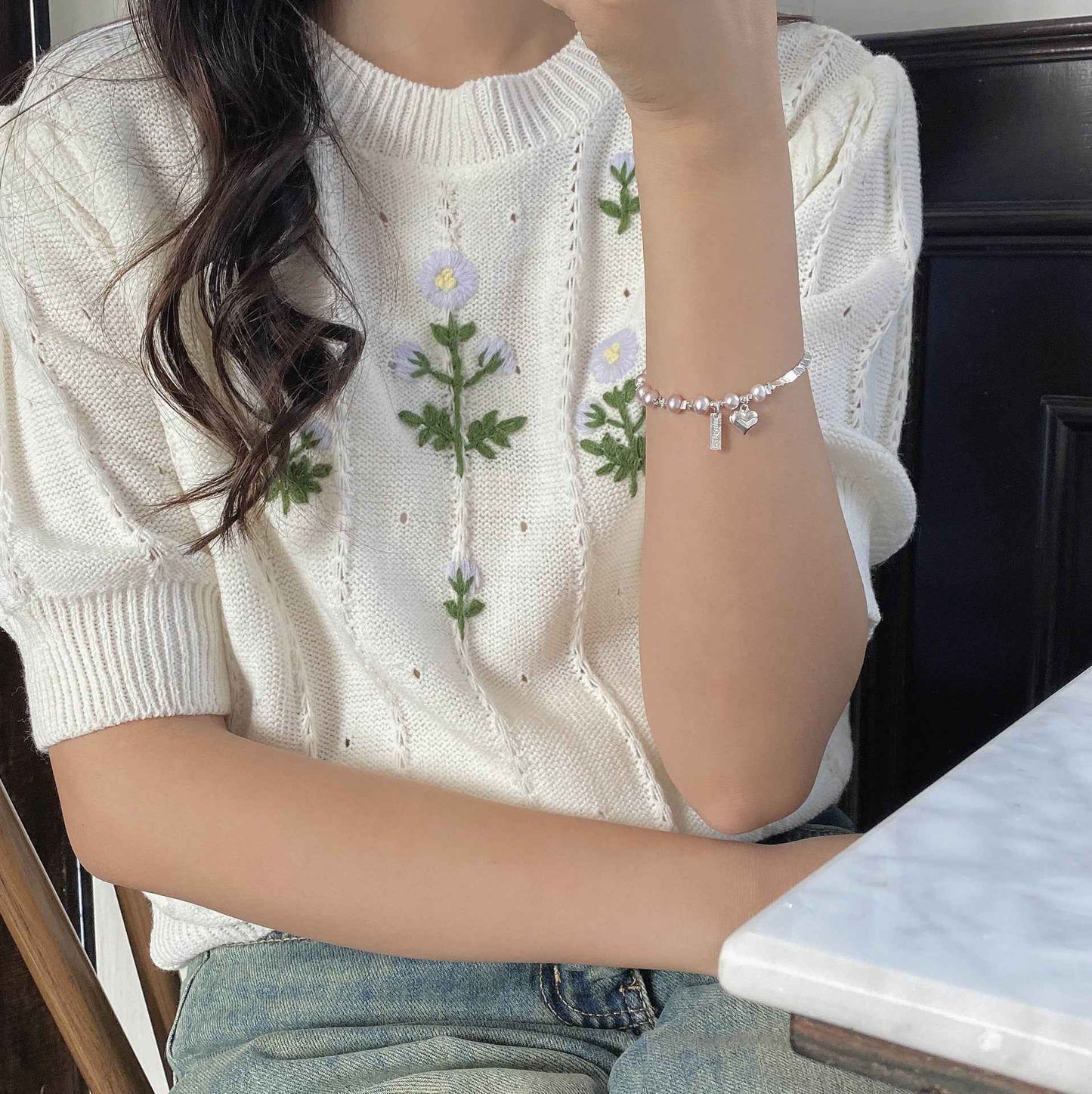 Korean Silver Pearl Heart Bracelet – 925 Silver, Romantic Minimalist Design