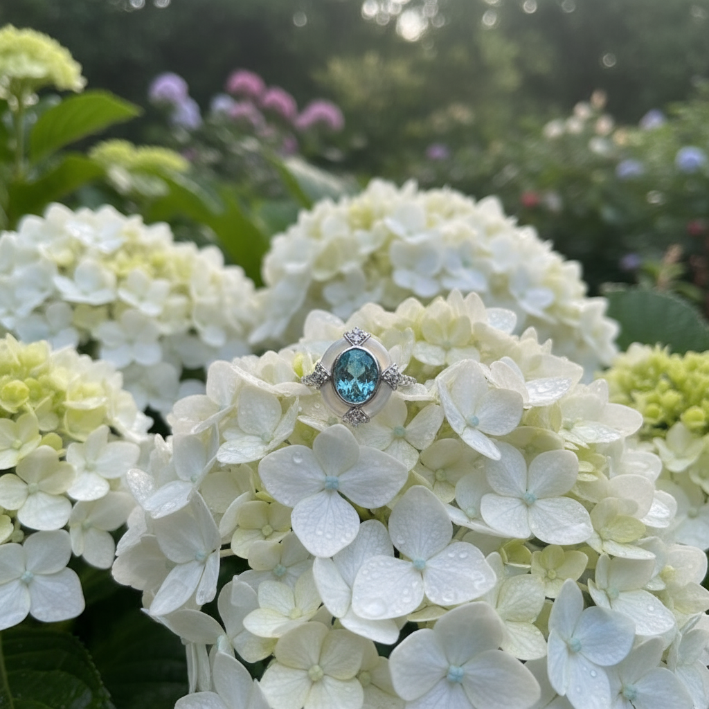 Artistic Retro Aquamarine Oval Ring – S925 Sterling Silver White Gold Finish with White Shell | Women's Geometric Statement Jewelry - Eterna
