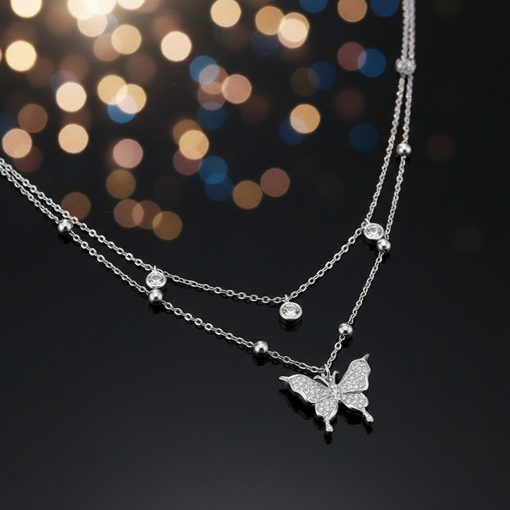 Double-Layer Butterfly Fringe Necklace – Silver, Light Luxury, Layered Design - Eterna