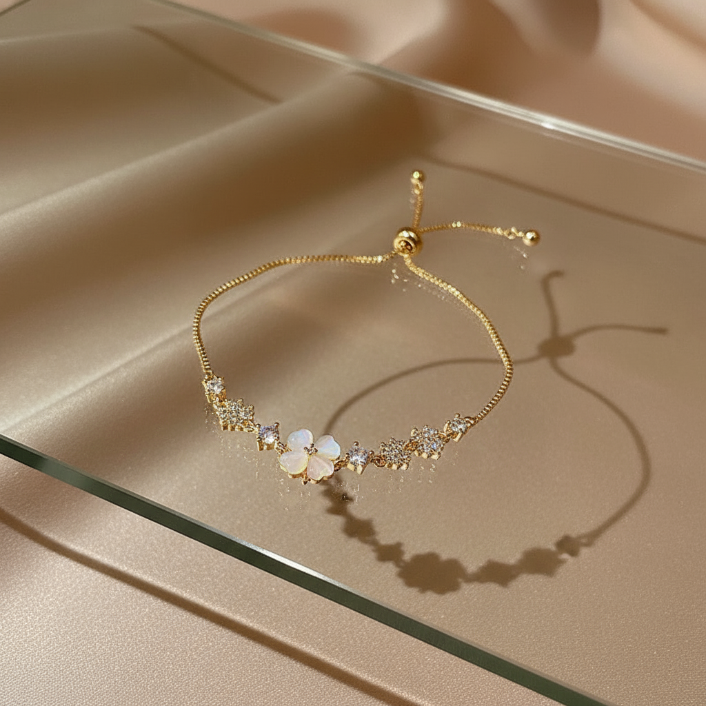 Gold-Plated Cat's Eye Flower Bracelet – Adjustable Petal Charm Jewelry - Eterna