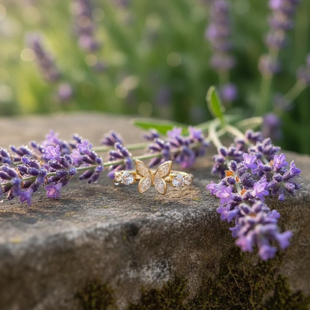 Diamond Inlaid Butterfly Ring – Thick Real Gold Plated Adjustable Luxury Party Jewelry | Women's Elegant Sweet Statement - Eterna