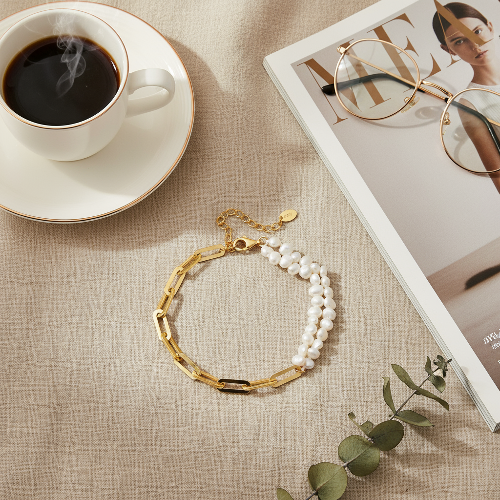 Natural Water Pearl & Sterling Silver Bracelet – 14K Gold or Platinum Finish, Geometric Elegance - Eterna